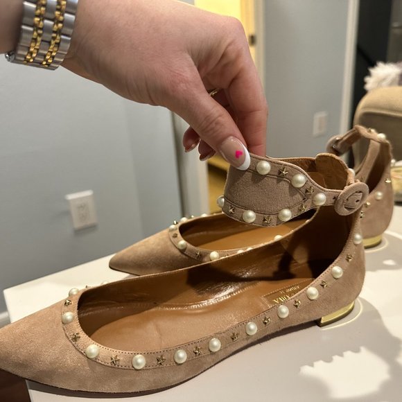Aquazzura Suede Nude Flats with Ankle Strap, Gold Stars and Pearls - Picture 3 of 4